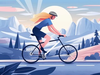 Illustration of a woman riding a bicycle on a street with scenic mountain backdrop.