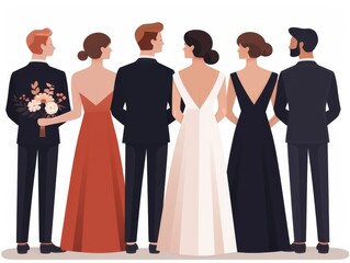Illustration of a bride and groom with a priest and witnesses at a wedding ceremony.