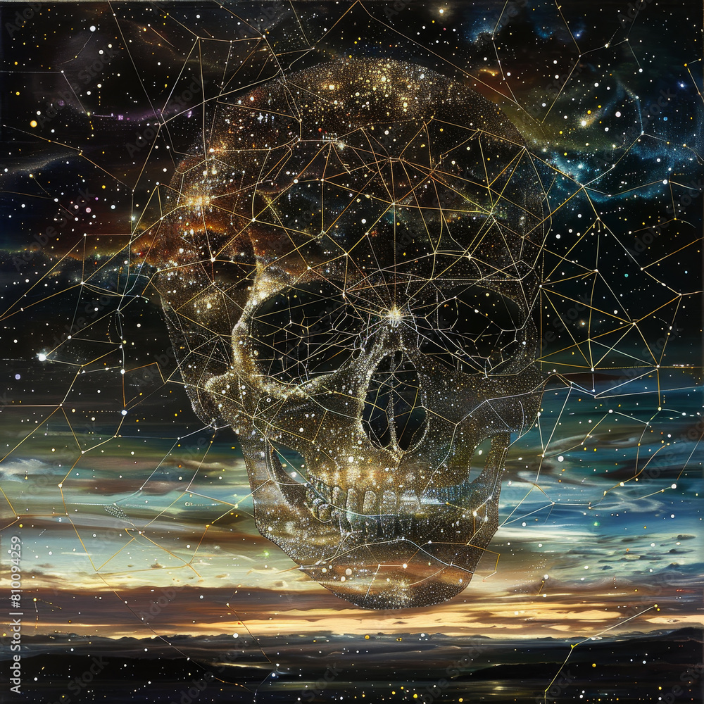 Poster a skull is floating in space with stars surrounding it