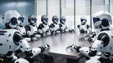 A group of cybernetic robot figures engaged in a meeting at a conference table , hyper realistic, low texture, low noise