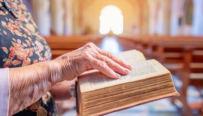 Alte Frau in der Kirche liest in der Bibel.