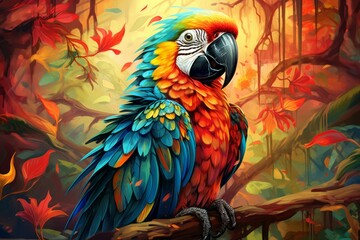 Obraz premium Colorful illustration of a macaw parrot in a lively autumnal woodland scene