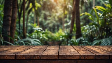 Rustic Charm, Wooden Table Against Blurred Jungle Backdrop