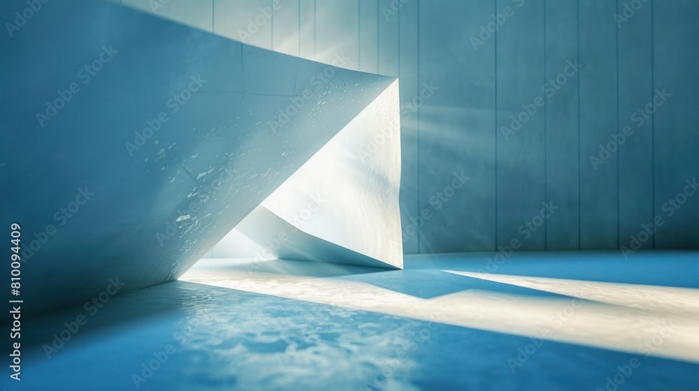 Poster a large, angular structure casting sharp shadows on a blue floor, ideal for architectural studies or