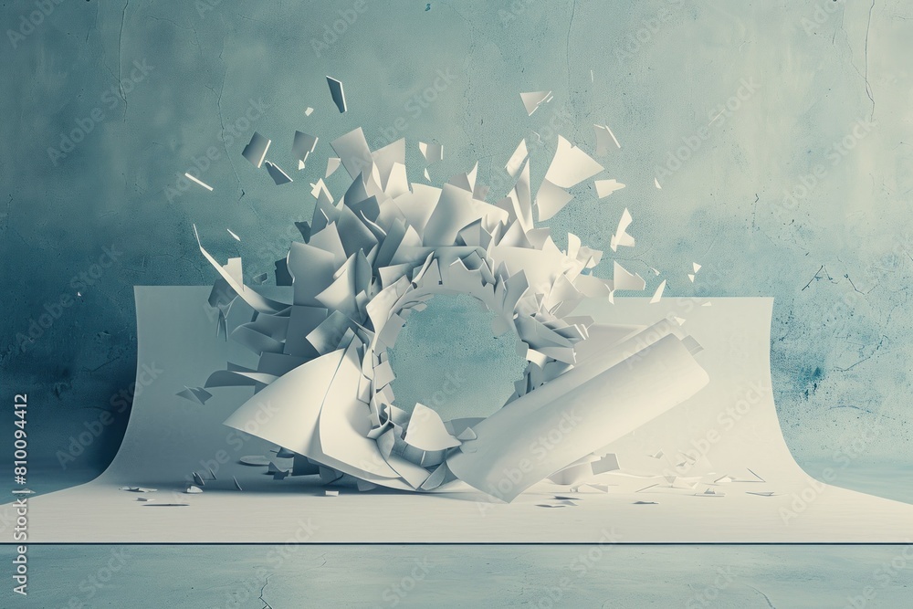 Poster a dynamic explosion of white paper in a grey environment, suitable for visualizing disruption or cha