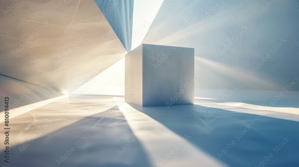 Poster a simple white cube centered under intersecting light rays in a serene blue room, ideal for minimali