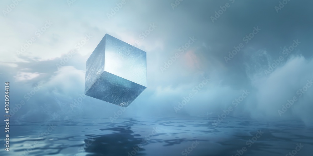 Poster a floating geometric cube in a misty, ethereal environment, ideal for illustrating themes of isolati