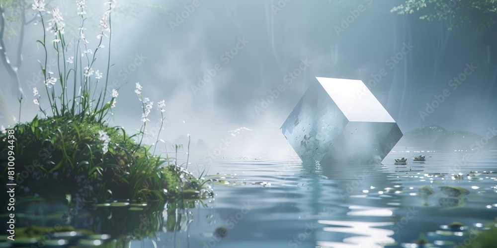 Poster a geometric cube partially submerged in a tranquil water setting surrounded by fog and nature, perfe