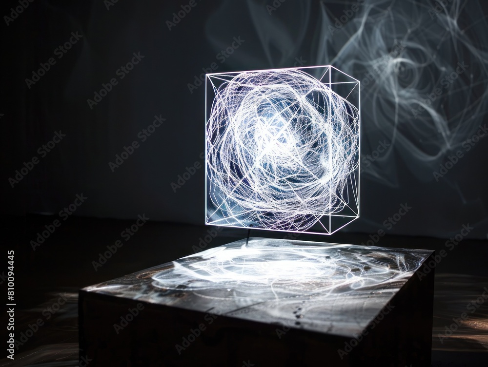 Poster a light projection within a cube on a dark background, creating an atmosphere of mystery and scienti