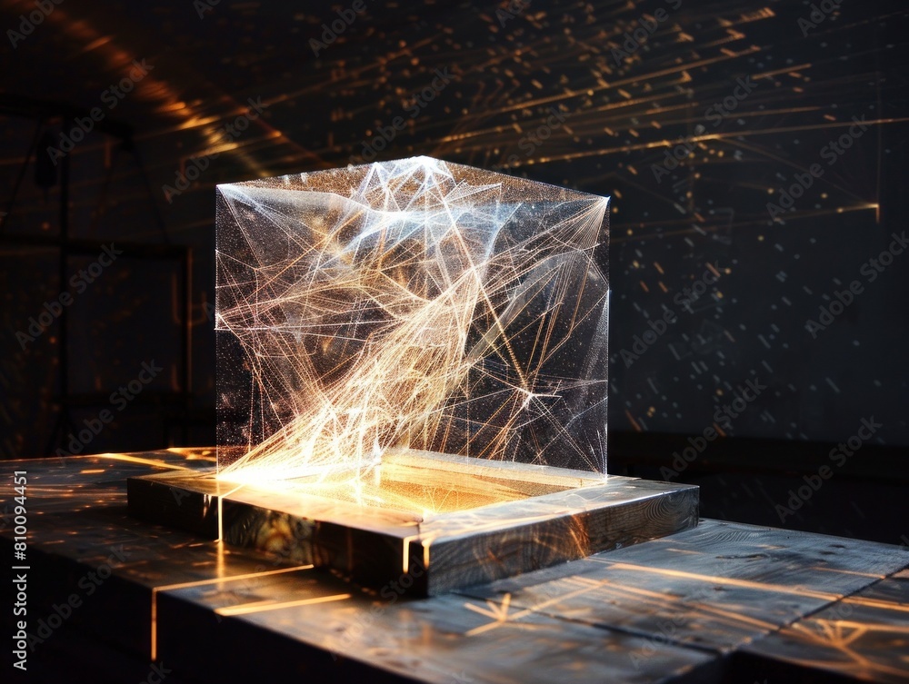 Poster a glowing cube filled with intricate light patterns placed on a wooden platform, ideal for use in ex