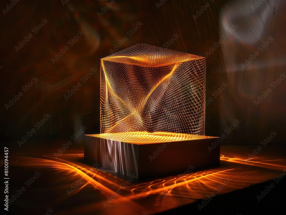 Poster a glowing wire-mesh cube with dynamic light patterns, ideal for visualizations in technology present