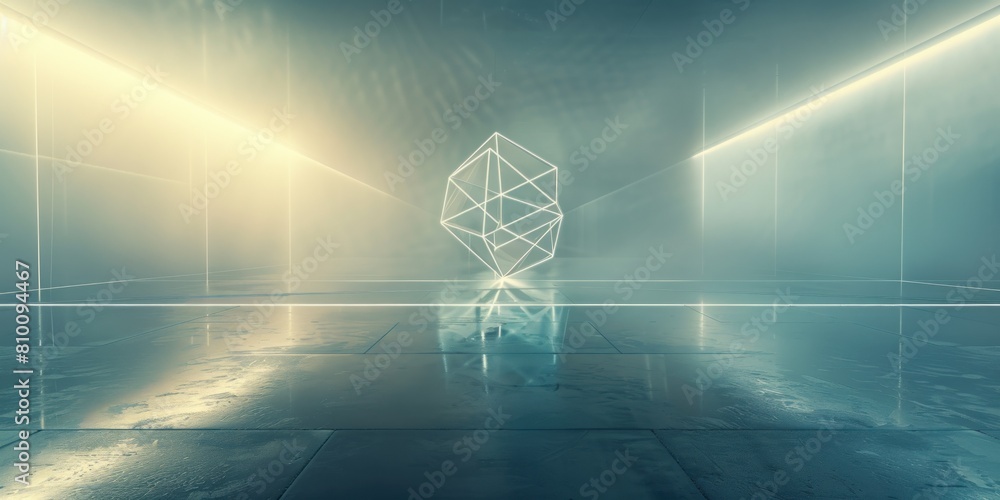 Poster a wireframe geometric shape illuminated in a futuristic, minimalist environment, perfect for concept