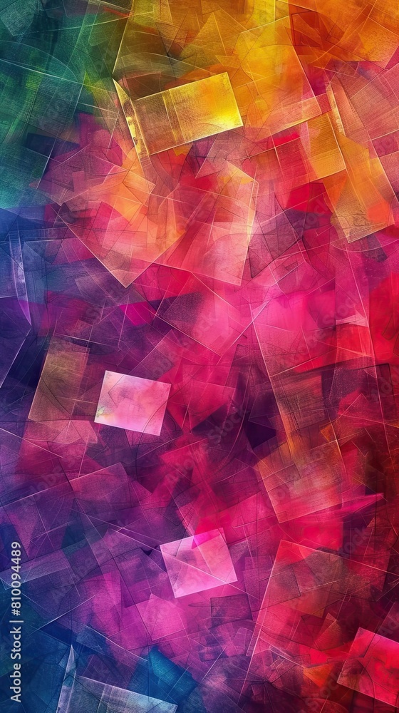 Poster abstract image featuring colorful geometric shapes in a chaotic arrangement could be used as a vibra