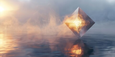 a glowing geometric cube floating in a misty waterscape at sunrise, conveying a sense of mystery and the sublime in environmental or fantasy-themed art.