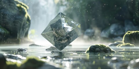 a geometric cube in a vivid, sparkling water environment, highlighted by light beams and mist, suited for dynamic visuals in high-energy advertisements or creative projects.