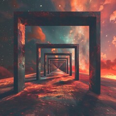 an ethereal setting with geometric frames receding into a fiery, star-filled sky, ideal for visual effects in media or thematic elements in sci-fi and fantasy genres.