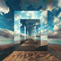 a surrealistic series of geometric frames extending into a desert under a cloud-filled sky, perfect for conceptual artwork or discussions on the intersection of reality and imagination.