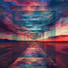 a surreal landscape with multiple geometric tunnels superimposed over a desert sunset, suitable for metaphysical explorations in digital art or imaginative storytelling.