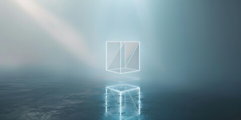 a simple wireframe cube in a misty, ethereal environment, suitable for themes of clarity and minimalism in digital art or conceptual design.