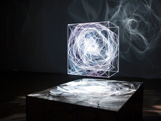 a light projection within a cube on a dark background, creating an atmosphere of mystery and scientific intrigue, suitable for technological exhibitions or artistic light shows.