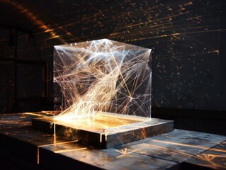 a glowing cube filled with intricate light patterns placed on a wooden platform, ideal for use in exhibitions about light art or scientific visualizations about photonics.