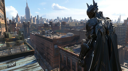 A guardian angel cybernetic robot in ethereal armor, watching over a bustling city from a high rooftop, unseen but ever vigilant , hyper realistic, low texture, low noise