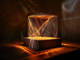a glowing wire-mesh cube with dynamic light patterns, ideal for visualizations in technology presentations or artistic light installations.