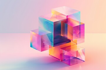translucent and colorful 3D cubes, arranged in an interlocking pattern, could be ideal for illustrating concepts in 3D design or used in marketing materials to symbolize structure and connectivity.