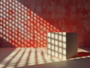 concrete cube cast with a shadow pattern against a textured background can be used to illustrate architectural design principles or as a calm, minimalist decor element in presentations.