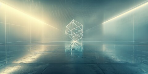 a wireframe geometric shape illuminated in a futuristic, minimalist environment, perfect for concepts in modern architecture or virtual reality settings.