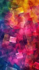 abstract image featuring colorful geometric shapes in a chaotic arrangement could be used as a vibrant background for digital media or as an artistic representation in visual design projects.