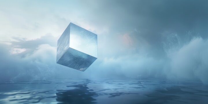 a floating geometric cube in a misty, ethereal environment, ideal for illustrating themes of isolation or introspection in digital art or meditative visuals.