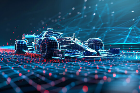 A futuristic looking race car with a red and blue design