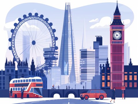 Stylized vector illustration of iconic London landmarks, featuring the London Eye, the Shard, and Big Ben, with red buses and a pedestrian.