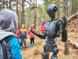 Obraz premium A patient cybernetic robot teaching a small group of children outdoor survival skills in a simulated forest environment