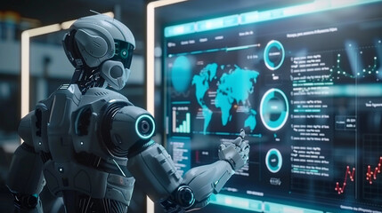 A professional cybernetic robot in a sleek suit presenting complex business data on a futuristic holographic screen in a high-tech office , hyper realistic, low texture, low noise