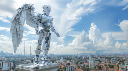 A guardian angel cybernetic robot in ethereal armor, watching over a bustling city from a high rooftop, unseen but ever vigilant , hyper realistic, low texture, low noise