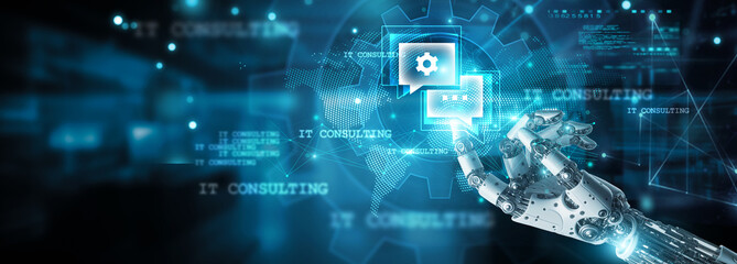 Hands of robot touch innovative solutions and IT consulting icon, streamlining processes on network, optimizing efficiency, security, scalability, and reliability, transforming IT consulting.