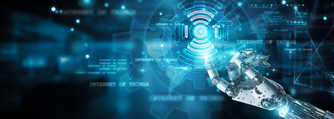 Internet Of Things, Hands of robot touch sensors and IoT icon, Data flows on the network, Automation, Efficiency, Smart cities and homes, Monitoring and control systems evolve.
