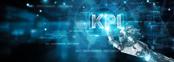Metrics, analytics, Hands of robot touch data, algorithms and KPI icon, performance, targets on network, efficiency, productivity, growth, success, and KPI analysis.