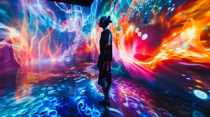 A figure immersed in a projection mapping exhibit, vibrant colors and patterns dancing around them.