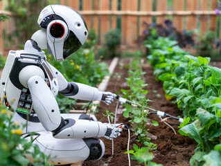 A robotic gardener programming soil sensors and deploying water-saving drip irrigation systems in a community organic garden , hyper realistic, low texture, low noise