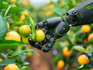 A robotic farmer harvesting ripe fruits with precision in a lush orchard, using sensors to assess quality and ripeness , hyper realistic, low texture, low noise