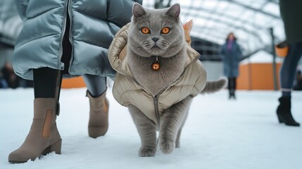 a gray cat dressed in a puffy blue jacket walking through snow