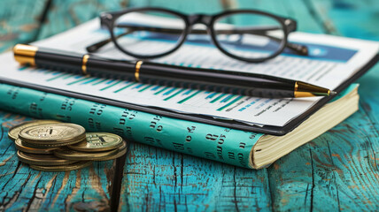 A pen and a pair of glasses are on top of a notebook