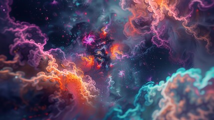 Interlocking fractals pulsing with vibrant energy amidst an infinite void.