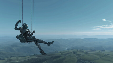 A surreal depiction of a cybernetic robot napping on a sky-high swing, swinging gently over a scenic landscape of rolling hills below , hyper realistic, low texture, low noise