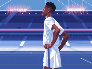 A young male runner stands with hands on hips on a track field, ready to train.