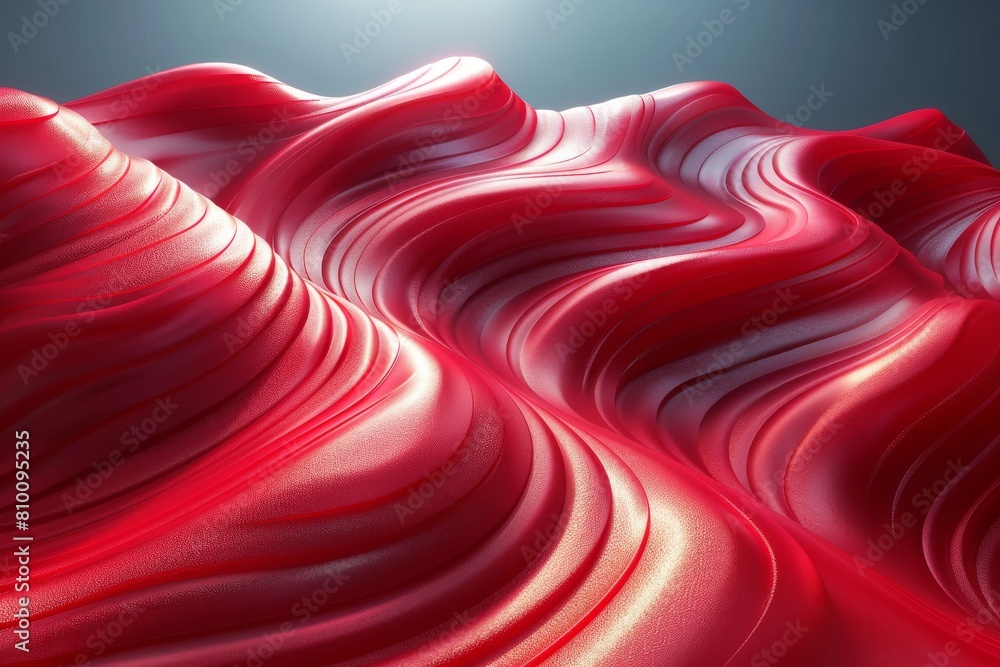 Poster close-up view of red wavy satin-like fabric texture symbolizing luxury and elegance in a dynamic pre
