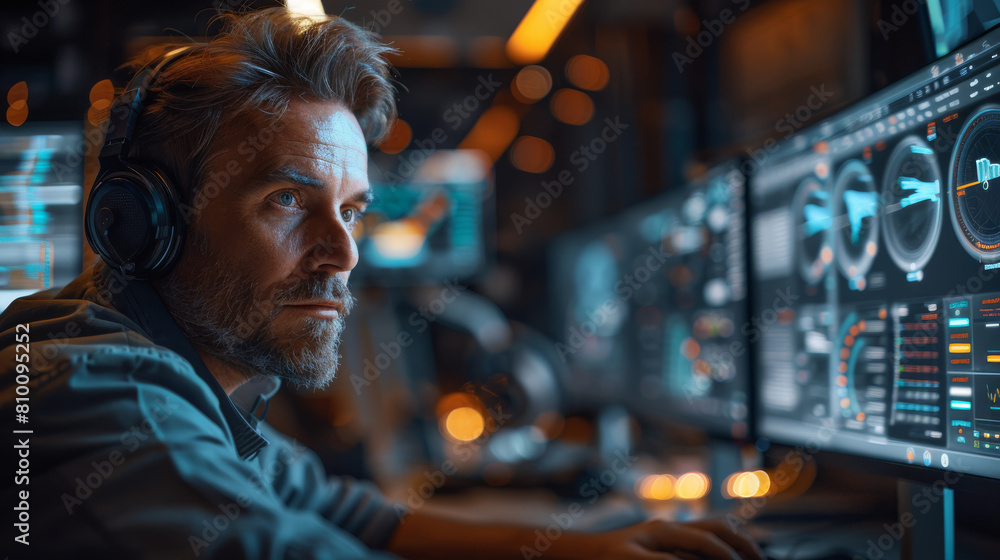 Poster A professional cybersecurity analyst sitting at a desk in front of a computer. The monitors display data visualizations related to digital asset inventories, risk assessments. Generative AI.